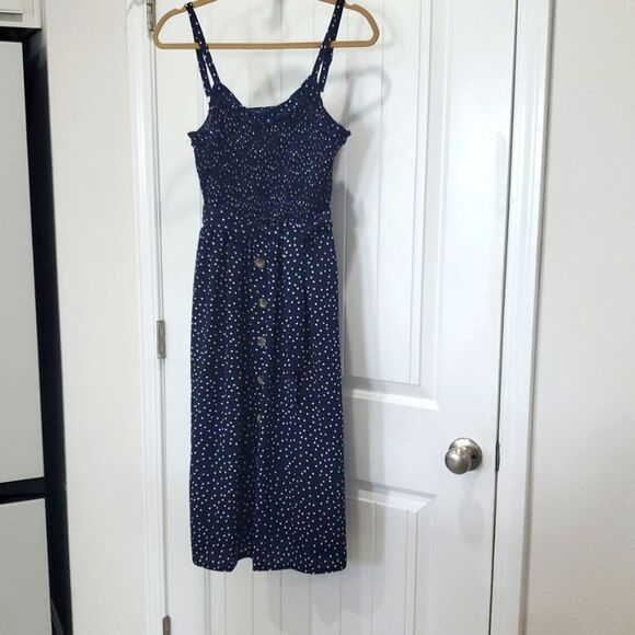 Navy  spaghetti strap dress with white polka dots, Searsucker Gathered,size Lg. - Picture 1 of 8